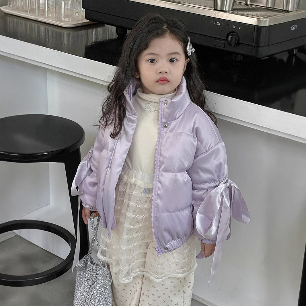2024秋冬新款女童缎面蝴蝶结紫色冬季保暖甜美洋气羽绒服外套