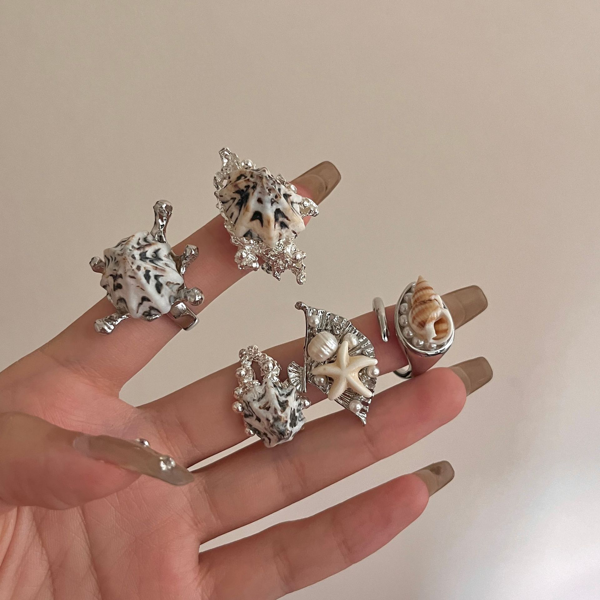 Bohemian beach-style starfish, shell and pearl stacked ring ring, ins style, exaggerated personality, open ring for women