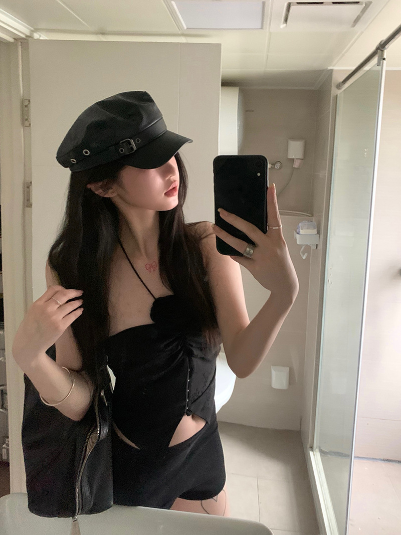 Black retro high-end beret, niche design, leather hat, children's big head circumference, small octagonal hat, baseball cap