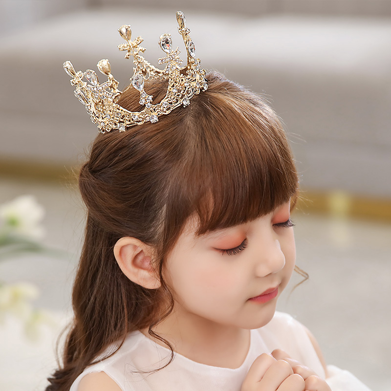 儿童皇冠公主头饰女童王冠生日节日演出圆形水晶发箍小孩发饰批发