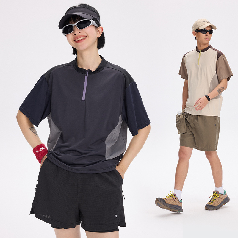 儒孟夏季户外运动防晒速干凉感骑行拼色短袖T恤男女休闲透气上衣