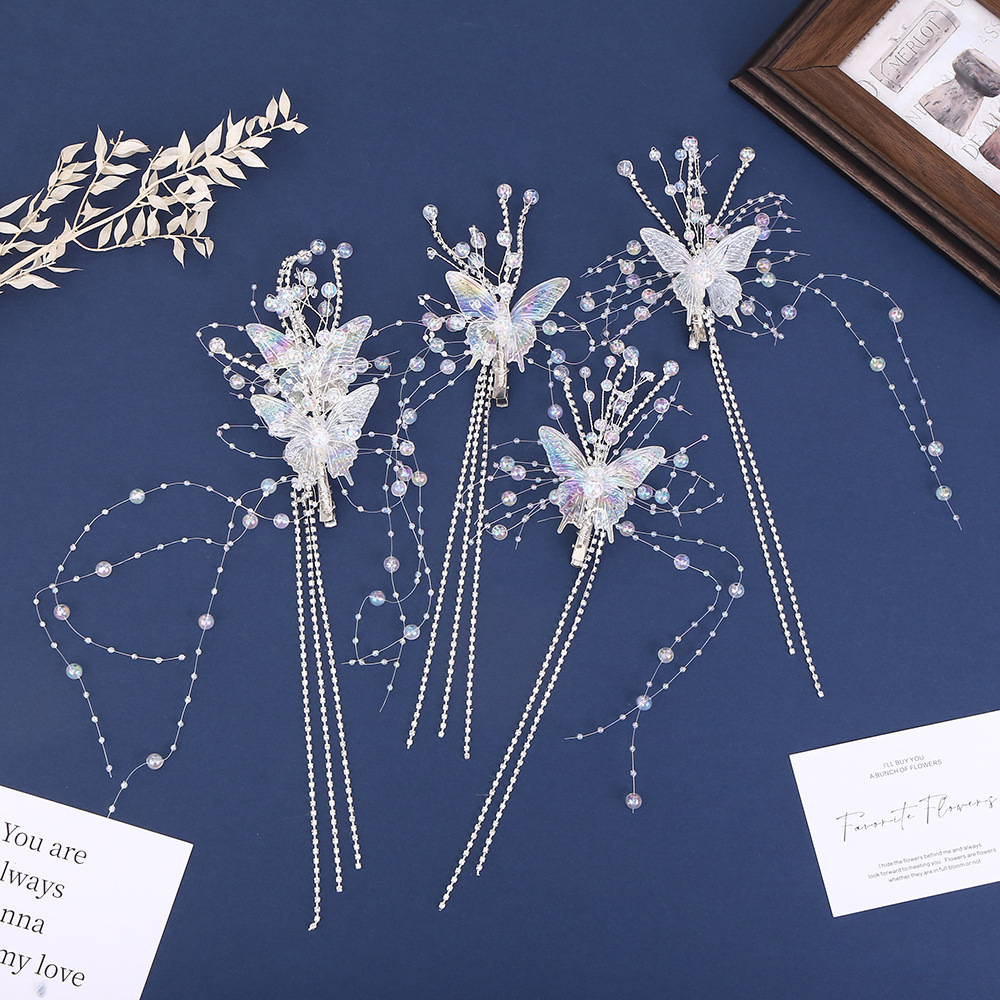 蝴蝶流苏发夹新娘头饰幻彩水晶对夹婚纱拍照仙美森系造型发饰配饰详情1
