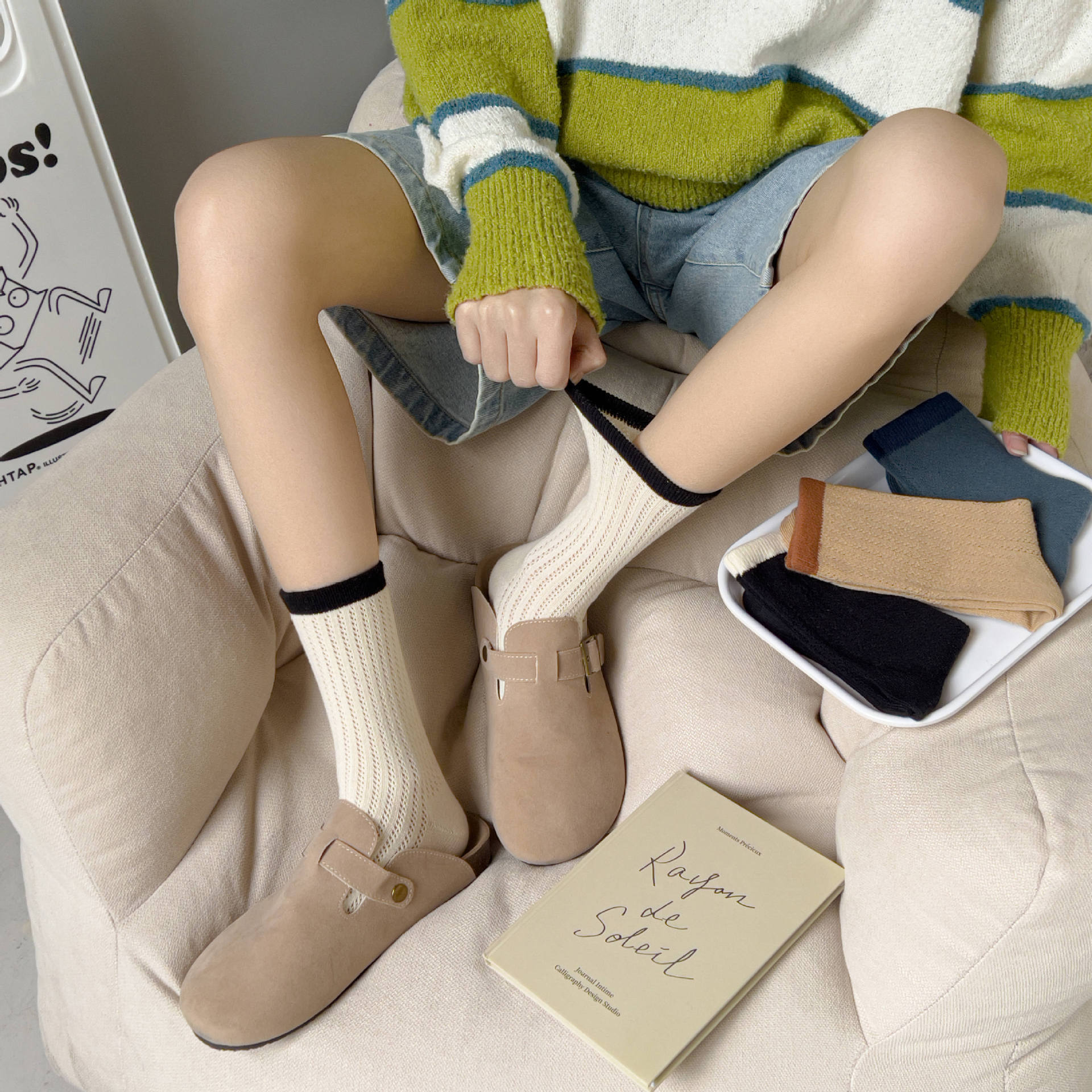 移圈袜子女 日系镂空中筒袜堆堆袜韩国拼色百搭女袜舒适透气棉袜图