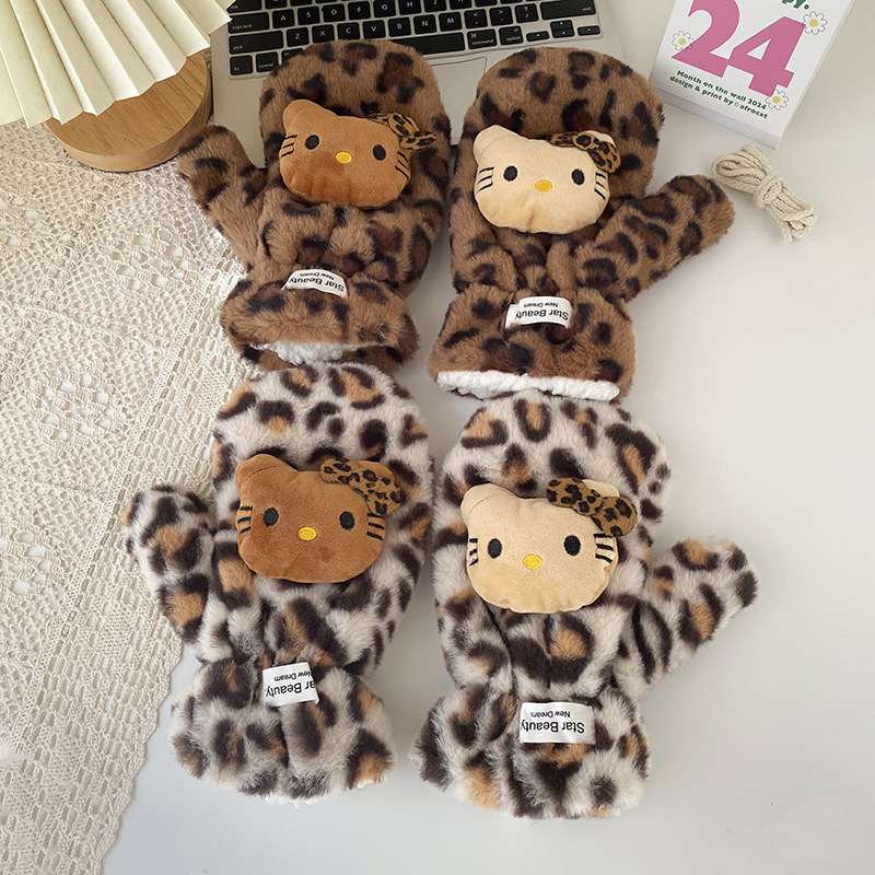 Cute apple plush gloves for women 2024 new style for autumn and winter cycling warmth, fleece windproof, neck-hanging and finger-connecting for cold protection