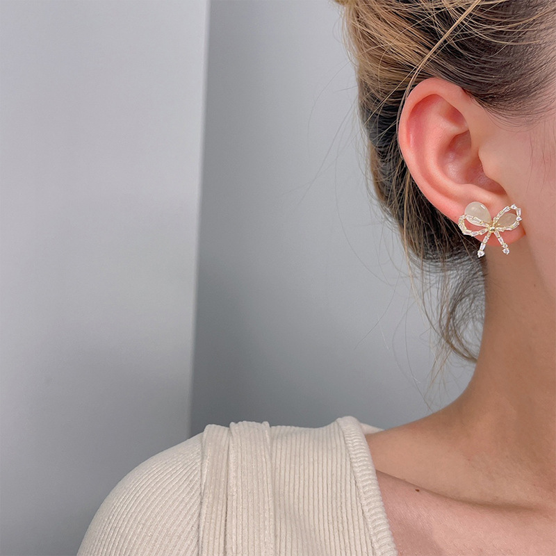 Obi new bow S925 silver needle opal senior earrings wholesale fashion women's earrings independent packaging Specification drawing