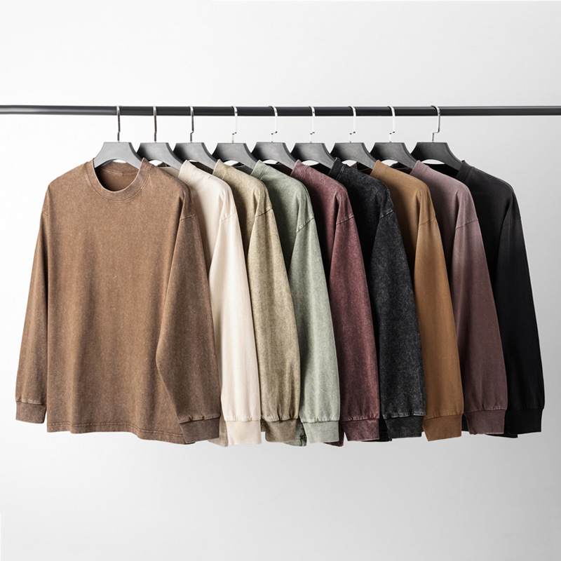 美式复古230g纯棉做旧炒雪花长袖t恤男秋季新款男士渐变宽松上衣