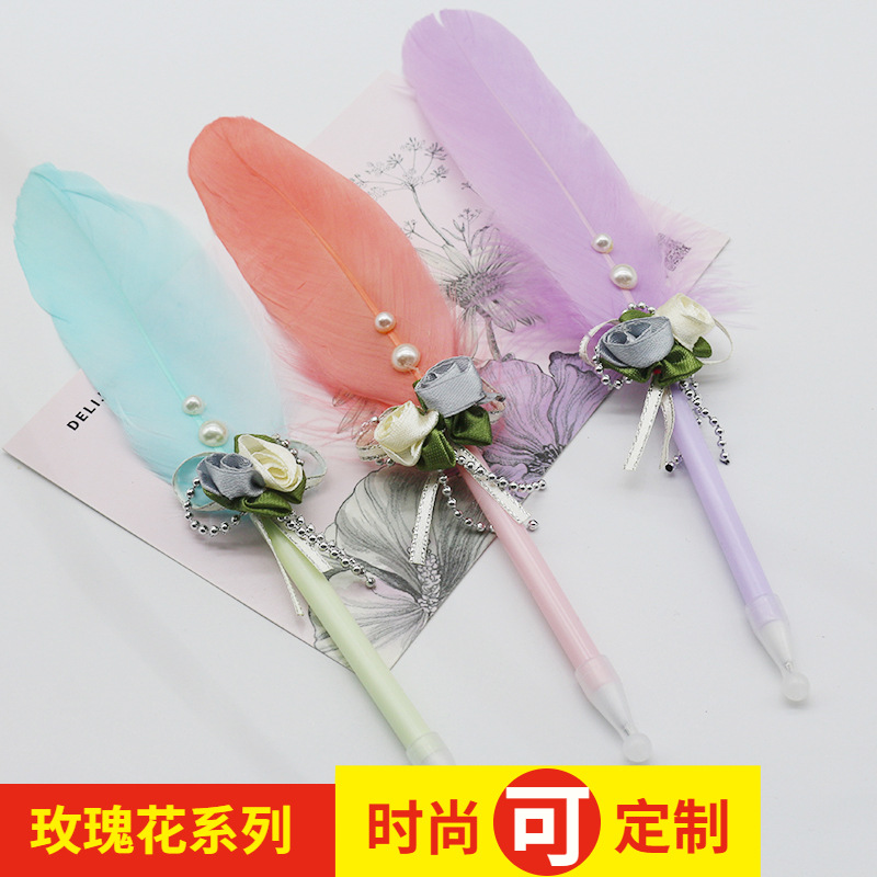 蓝孔雀羽毛时尚玫瑰花中性笔创意羽毛可定 制笔杆logo礼品