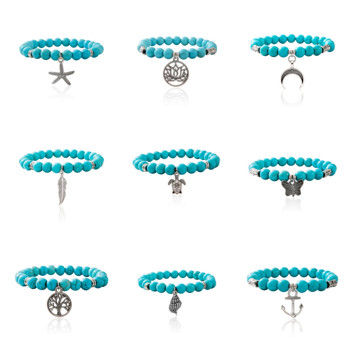 Europe And The United States Cross-Border Foreign Trade Sales Of New Fashion Women's Cross Butterfly Life Tree Leaves Turtle Pendant Turquoise Bead Elastic Bracelet Couple Bracelet Gift Manufacturers Wholesale Item Picture