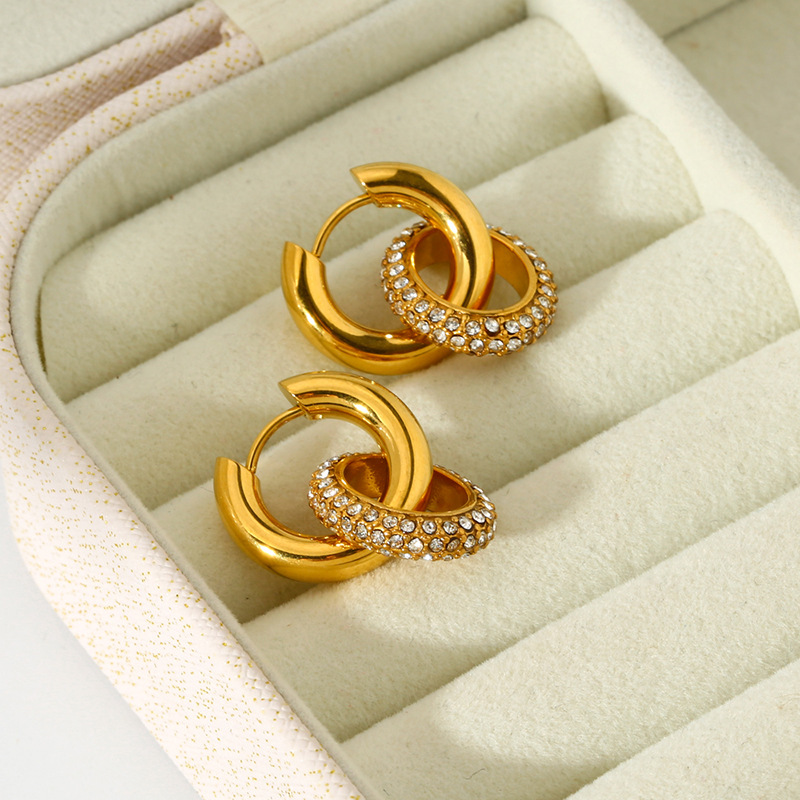 Wholesale of European and American ins fashion micro-inlaid zircon oval pendant earrings, 18K gold-plated stainless steel detachable ear rings