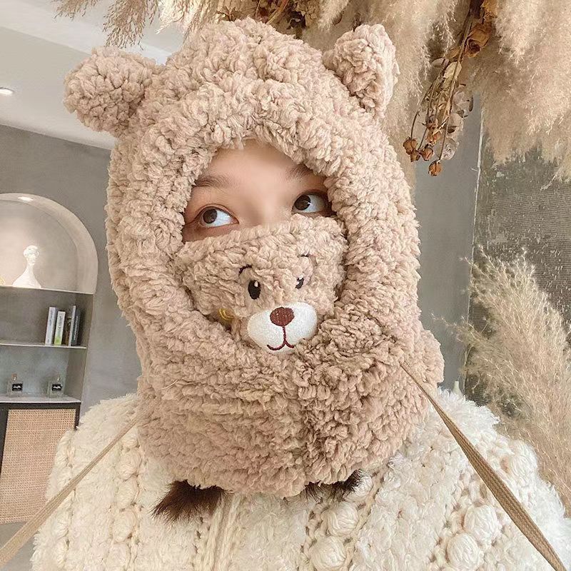 Cute Bear Mask One Hat Women Winter Cycling Warm Windproof Autumn And Winter Bear Hat Scarf Winter Neck Specification drawing