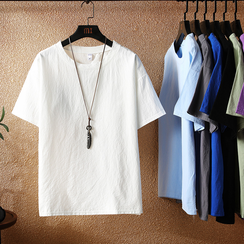 Summer cotton and linen men's Chinese-style solid-color linen loose large-sized short-sleeved T-shirt, Japanese-style half-sleeved trendy brand T-shirt, Chinese trend details Picture