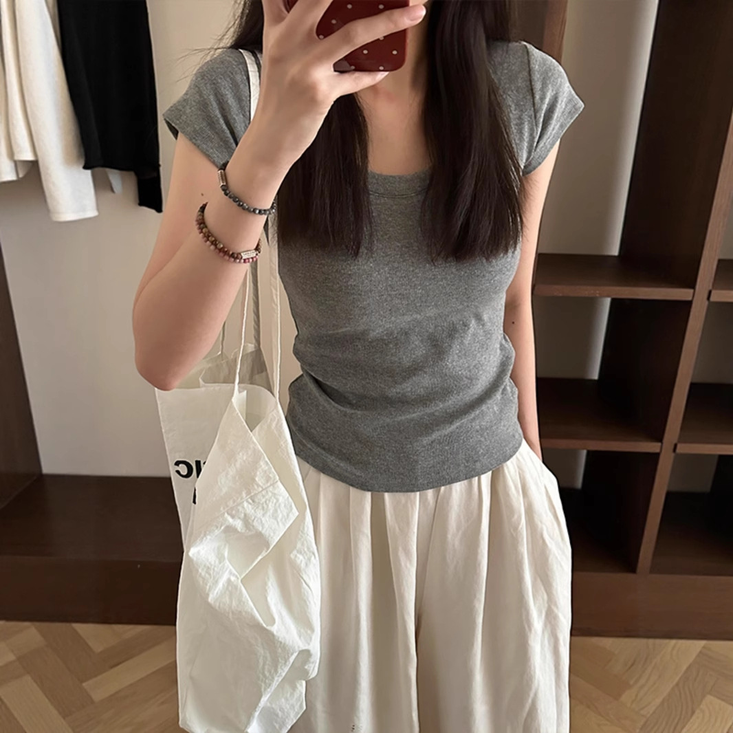 高级感灰色U领针织短袖女夏季修身螺纹正肩打底T恤辣妹风内搭上衣