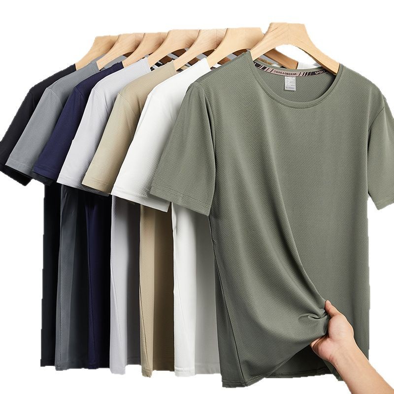 Ice Silk T-shirt short-sleeved men, ice silk mesh quick-drying breathable thin solid color casual summer youth round-neck T-shirt for men Item Picture