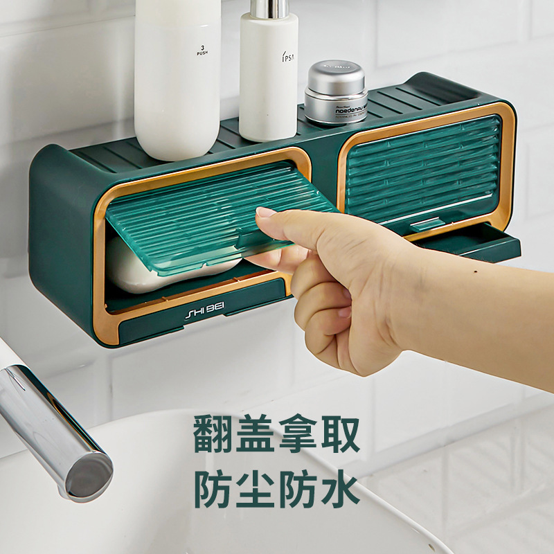 Shutters Soap box Bathroom perforation-free wall mounted double drain soap holder Household bathroom soap shelf details Picture