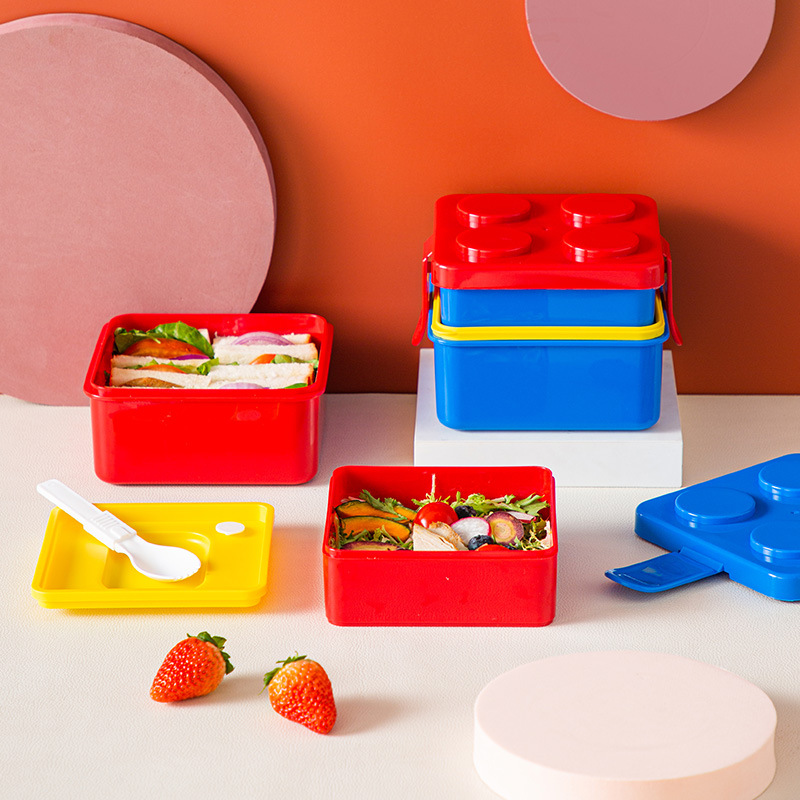 Creative square brick lunch box Cartoon Kids double-decker lunch box Picnic portable salad box Student bento box