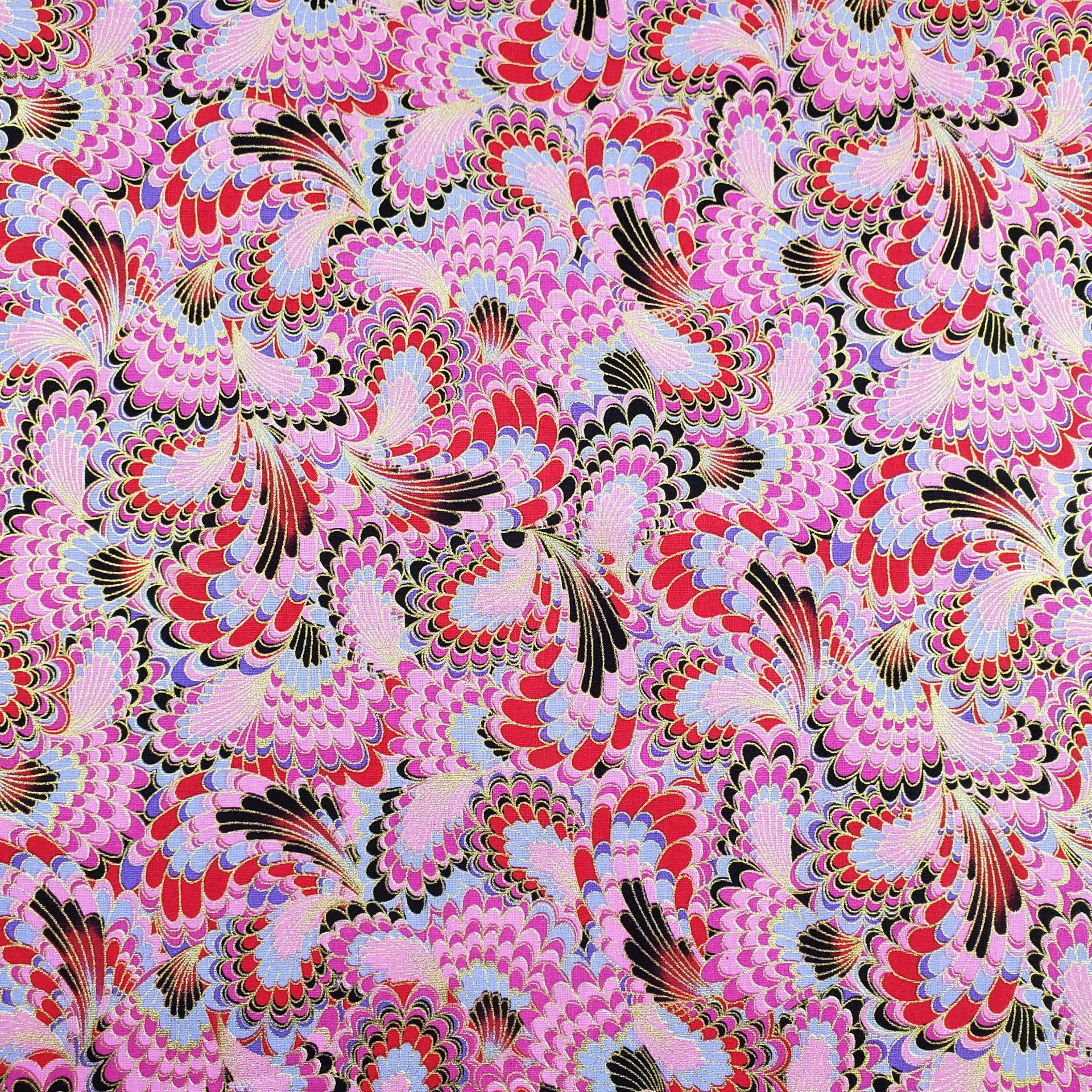 All-cotton embossed ethnic-style printed fabric, DIY handcrafted patchwork fabric, colorful phoenix tail flower gold powder fabric Item Picture