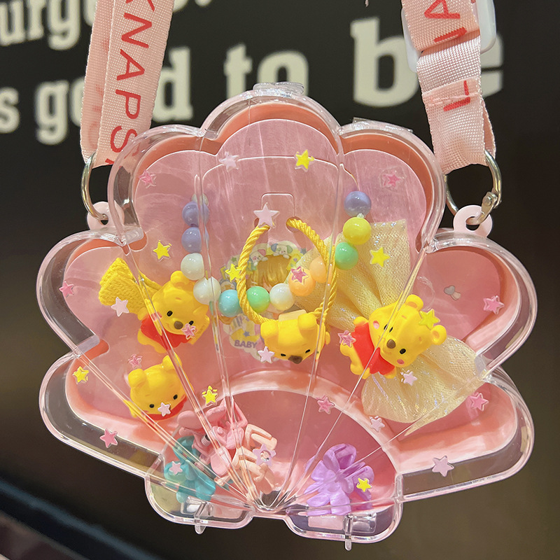 New Children's Hair Accessories Set Beaded Necklace Earrings Ring Leather Band Hairpin Combination Girl Gift Jewelry Gift Box Specification drawing