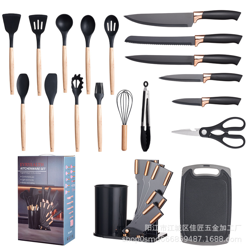 Acrylic Knife Holder Silicone Kitchenware 19-Piece Kitchen Silicone Kitchenware Knife With Storage Bucket Non-Stick Pan Set Application Scenario