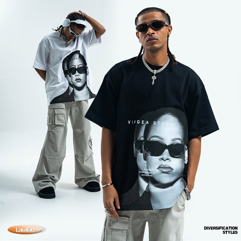 LawFoo美式街头315G重磅纯棉宽松短袖T恤男女潮牌秋冬打底上衣