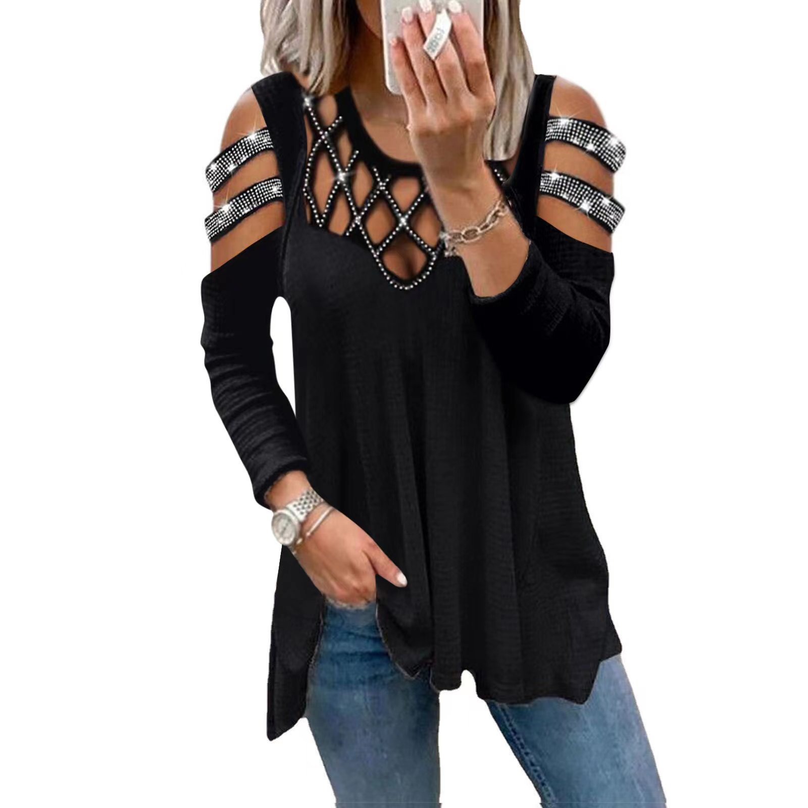 2022 Cross-border Autumn/Winter New independent Station fashion V-neck solid color off-the-shoulder cutout front chest hot diamond casual top women's T-shirt Application Scenario