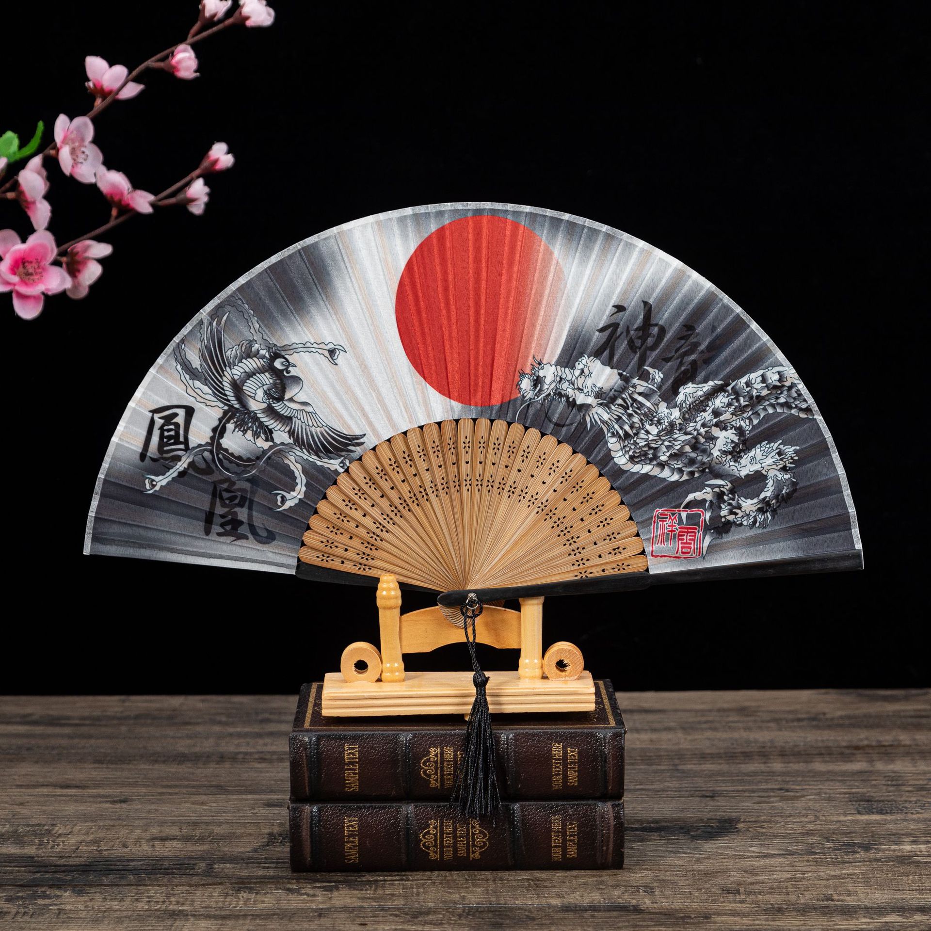 仿真丝娟面日式和风江户日本竹柄折扇 富士山系列和服扇子
