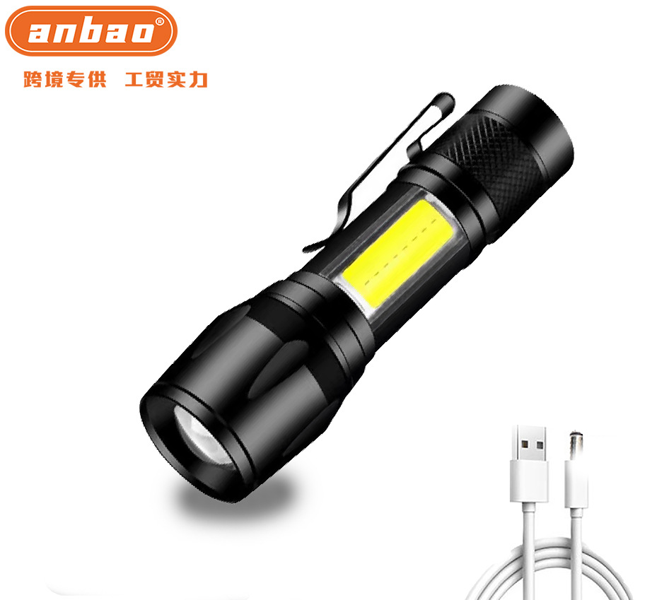 Cross-border exclusive USB charging flashlight, strong light rechargeable, telescopic zoom, aluminum alloy with pen clip