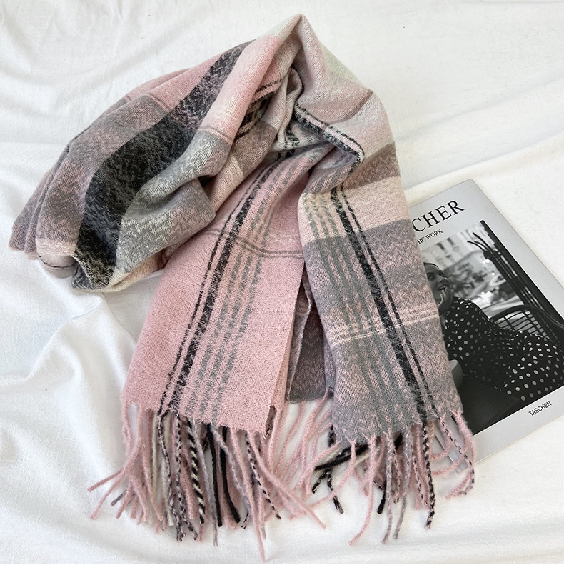 围巾女秋冬季跨境高级感仿羊绒格子流苏披肩学生加厚保暖围脖批发详情34