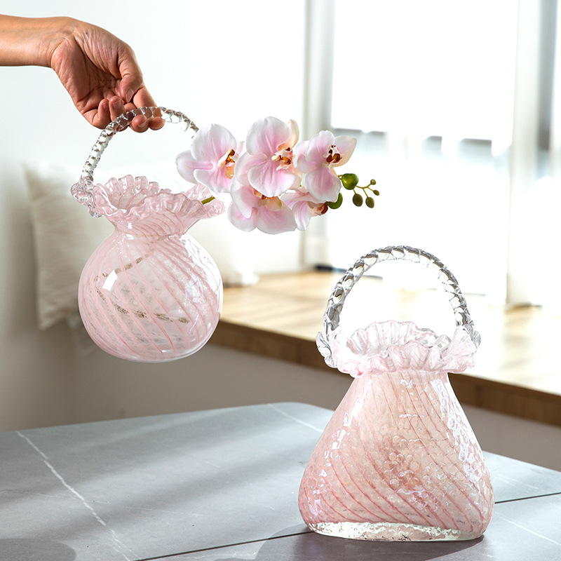 粉色浪花提手水培包包琉璃花瓶玻璃客厅样板房软装摆件餐桌装饰品详情图3