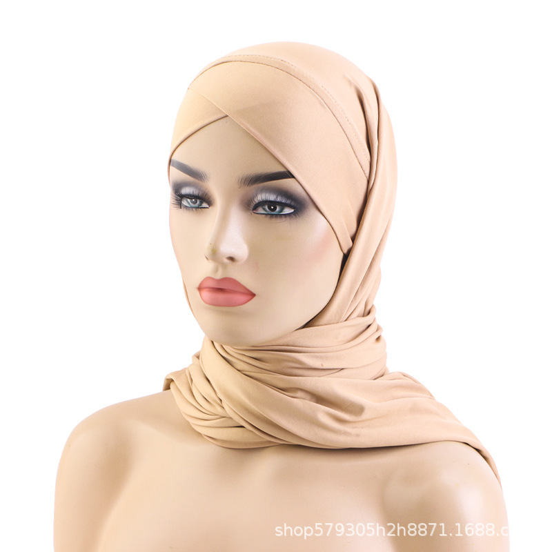 Cross-head scarf, one-piece hat, ethnic hat, headscarf, women's single-color headscarf, factory direct sales, hot-selling items Specification image
