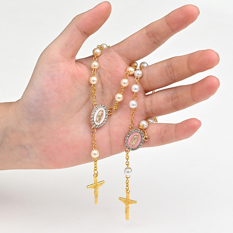 6MM pearl gold cross car pendant accessories and men's and women's jewelry accessories are popular cross-border foreign trade products in Europe and America details Picture