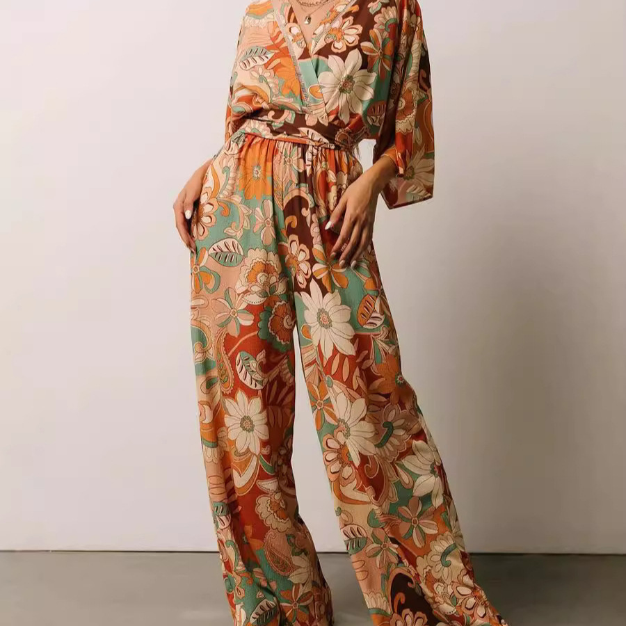 Cross-border independent website Amazon 2024 new European and American casual printed tie V-neck bat-sleeve jumpsuit for women
