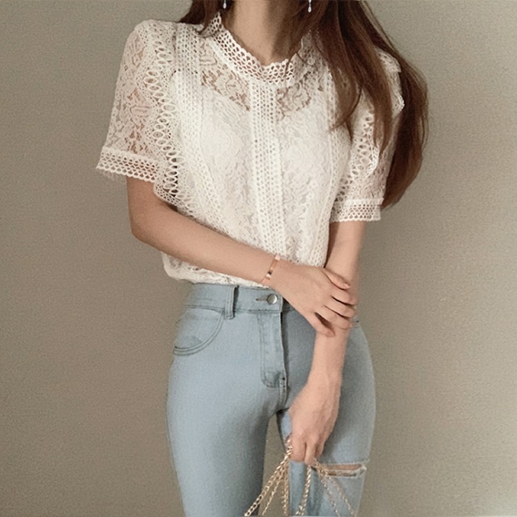 Gentle fairy loose round-neck lace short-sleeved top for women, new Korean style ruffled stylish shirt for women in summer Specification image
