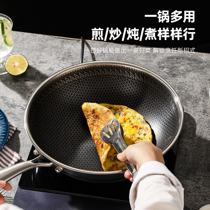 Cross-Border Wholesale Of Stainless Steel Double-Sided Wok, Low Oil Fume, Honeycomb Flat-Bottom Non-Stick Cooking Wok, Household Gas Induction Cooker Specification drawing