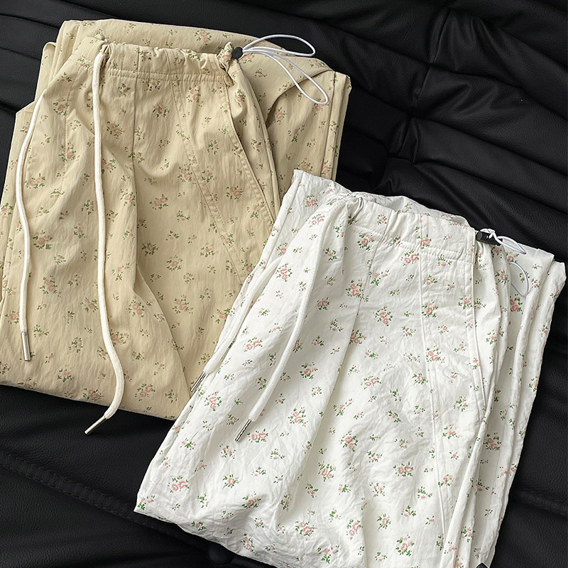 韩系甜美碎花直筒休闲裤女2024夏季新款设计感小众抽绳束脚阔腿裤