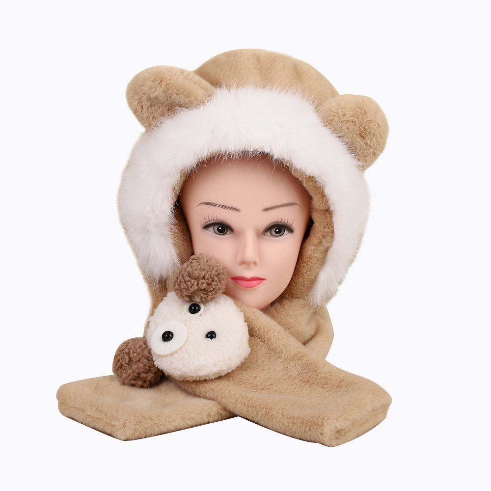 2024 Autumn and Winter Hat, Scarf, Children's cartoon doll, scarf, hat, all-in-one fleece hat for cold and wind protection Item Picture