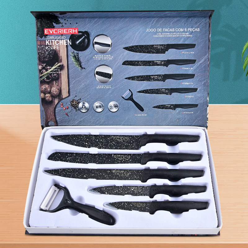 Black Spray Point Six-Piece Knife Set Stainless Steel Chef Meat Bread Universal Knife Gift Box Cutter Manufacturers Available