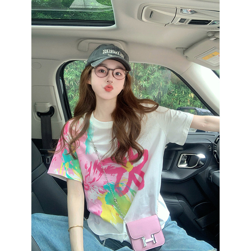 小香风短袖t恤女2024新款夏季渐变涂鸦花朵减龄美式设计感正肩潮