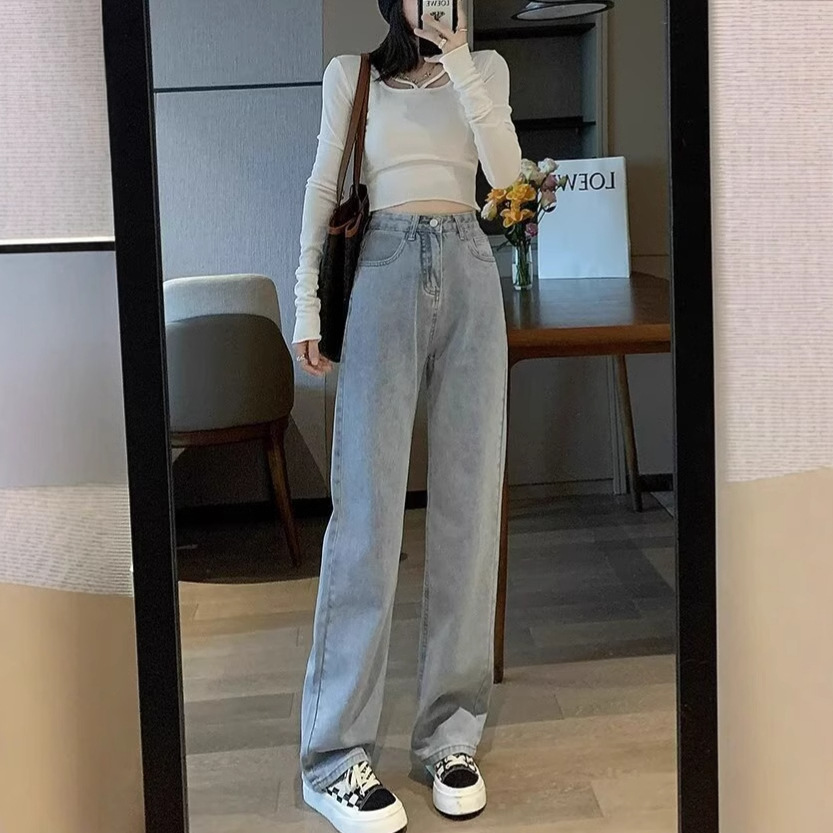 Petite retro high-waisted wide-leg jeans for women, new spring and autumn style, versatile loose straight-leg long pants, trendy in Instagram Specification image