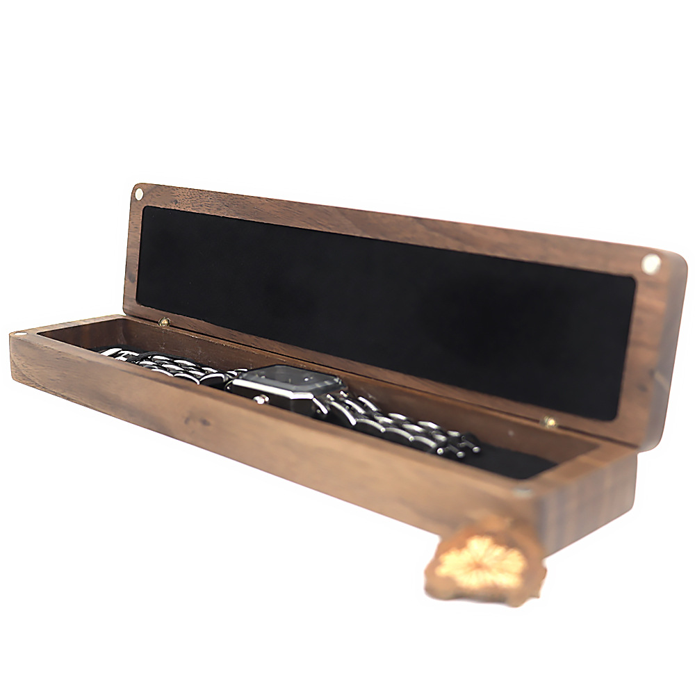 Retro handcrafted black walnut long strip ladies' watch box, portable storage, simple watch box, gift packaging, wooden box, solid wood details Picture
