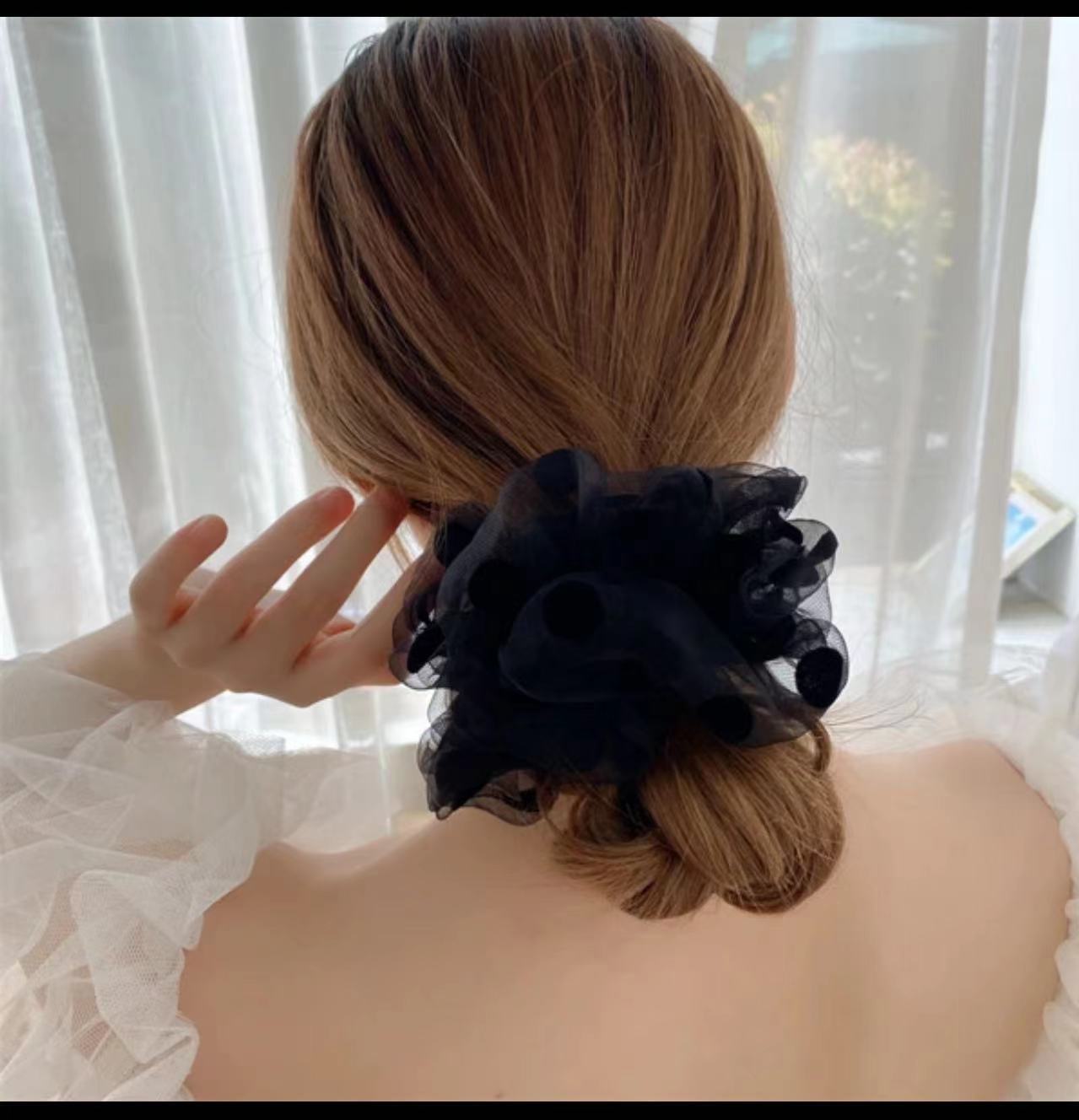 Korean Imported Organza Vintage Polka Dot Large Bowel Hairband Temperament Fairy Head With Rubber Band Large Bowel Ring Headdress Female details Picture
