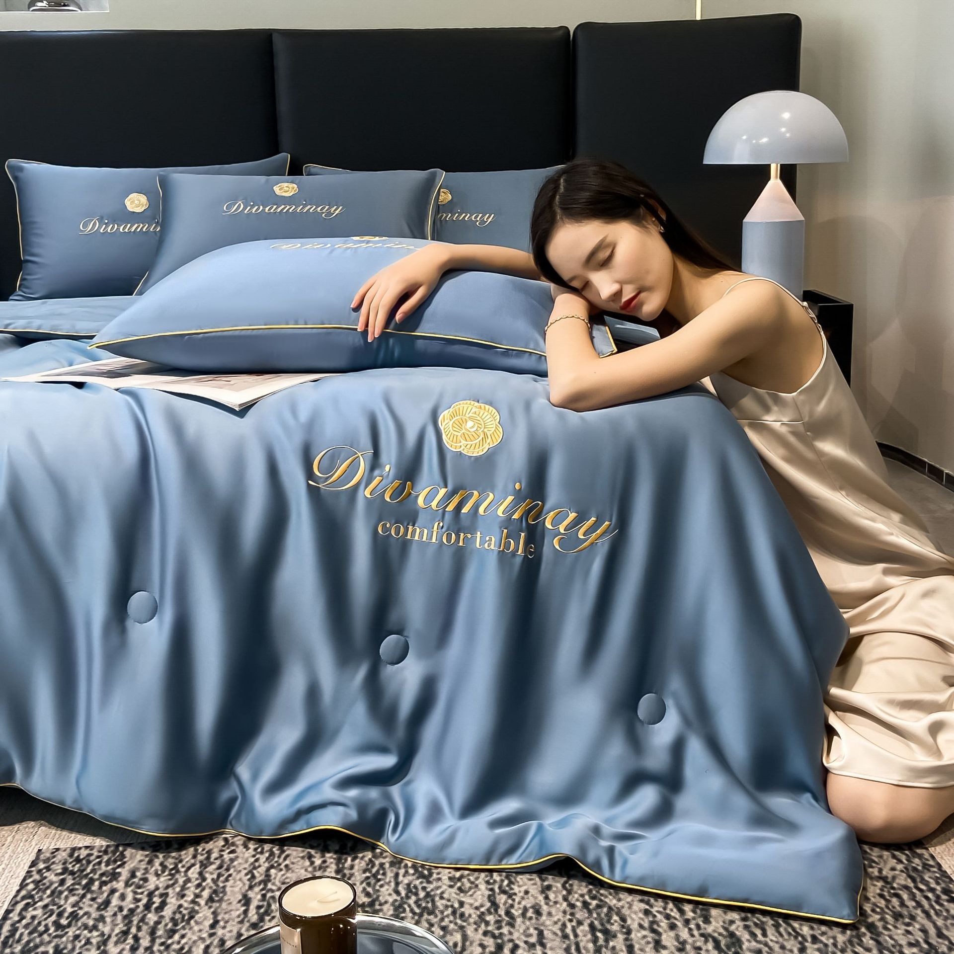 Four-piece ice silk summer cool quilt set, embroidered air-conditioned quilt, machine washable for naked sleep, modal washable Tencel summer quilt bedding details Picture