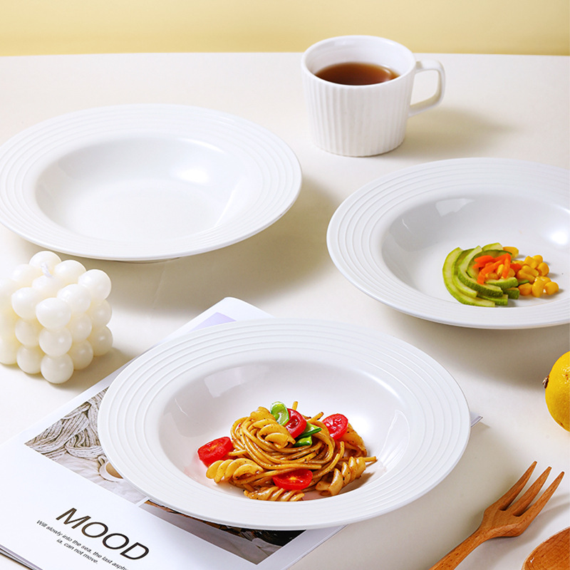 Ins-style pure white simple straw hat soup plate, home ceramic Western plate, pasta salad plate, hotel restaurant tableware Specification image