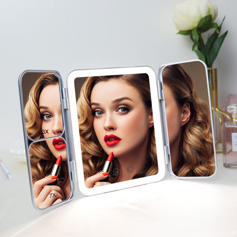Cross-border multi-functional three fold makeup mirror Table style LED mirror with 7x magnifying mirror Wall hanging Vanity mirror with light details Picture