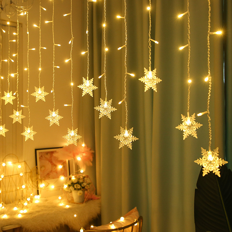 LED圣诞雪花窗帘灯 橱窗室内装饰高低不一星星窗帘彩灯五角星闪灯