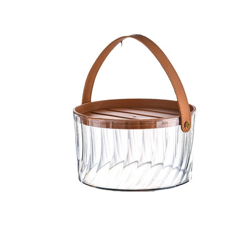 Transparent grain jar, household kitchen sealed rice bucket with lid, storage bucket, light luxury portable leather hand-held picnic basket Item Picture