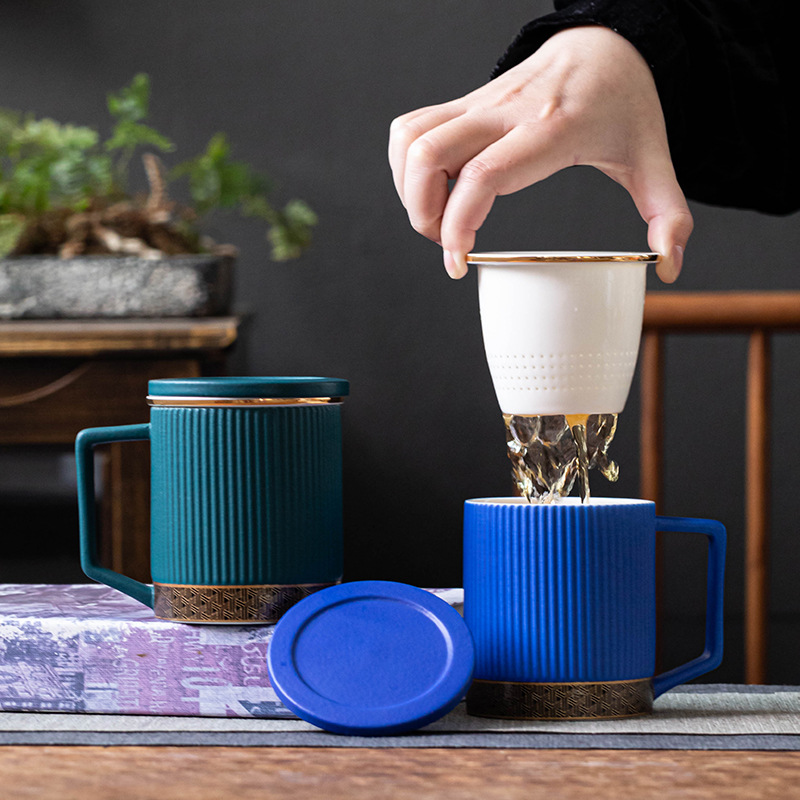 日式条纹马克杯陶瓷茶水分离泡茶杯个人办公泡茶水杯定 制logo