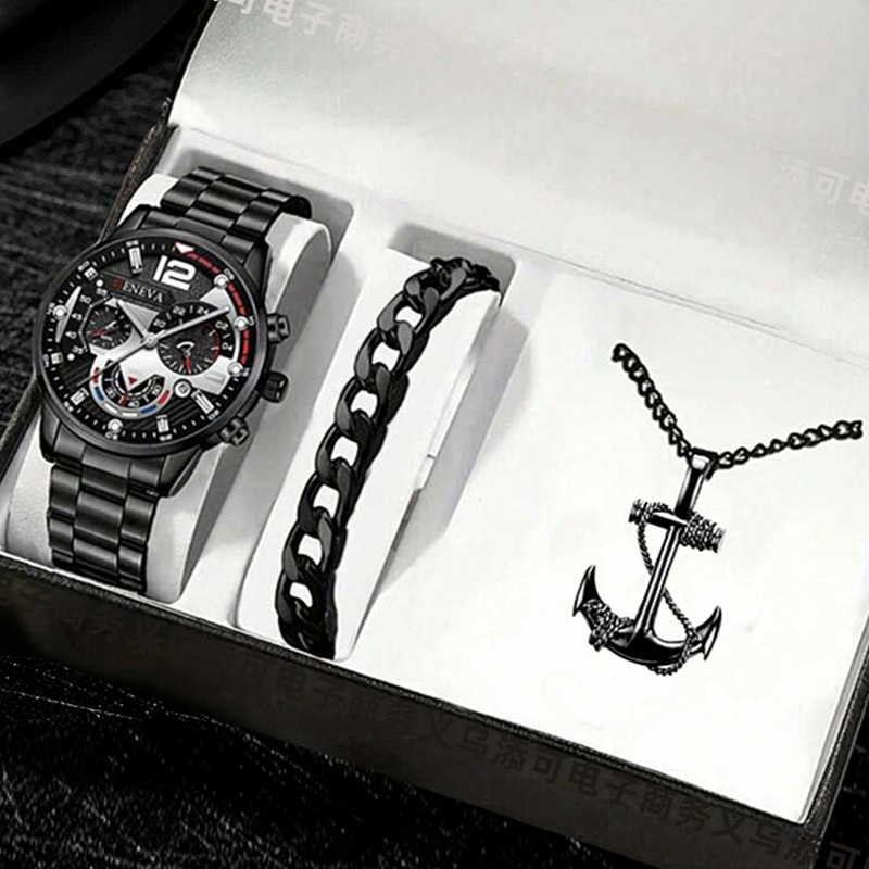 男士时尚商务日内瓦日历手表批发个性男士腕表商务跨境爆款套装