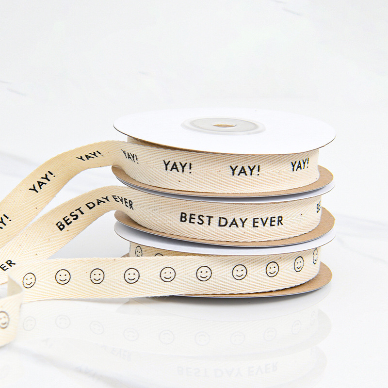 跨境人字纹棉带生日字母笑脸礼盒绑带印刷纯棉半漂白本白全棉织带