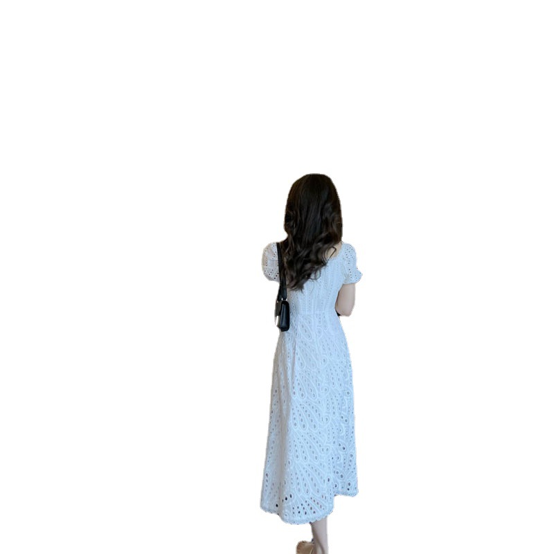 2023夏日女装法式长款连衣裙温柔风镂空茶歇裙子短袖夏季新款长裙详情图5