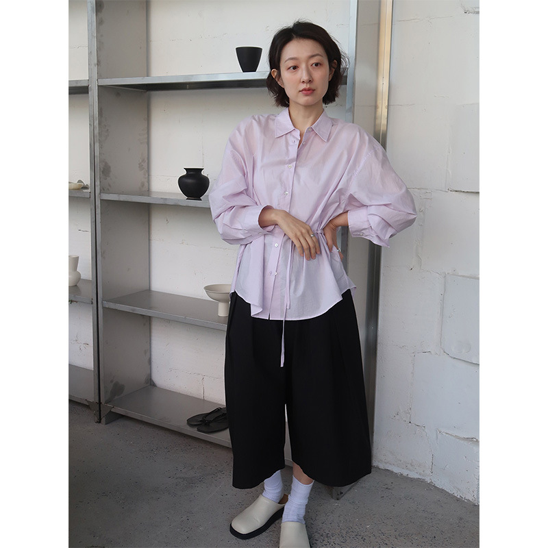 时简 自在的少女 收腰抽绳设计衬衫 慵懒风翻领宽松休闲上衣00653